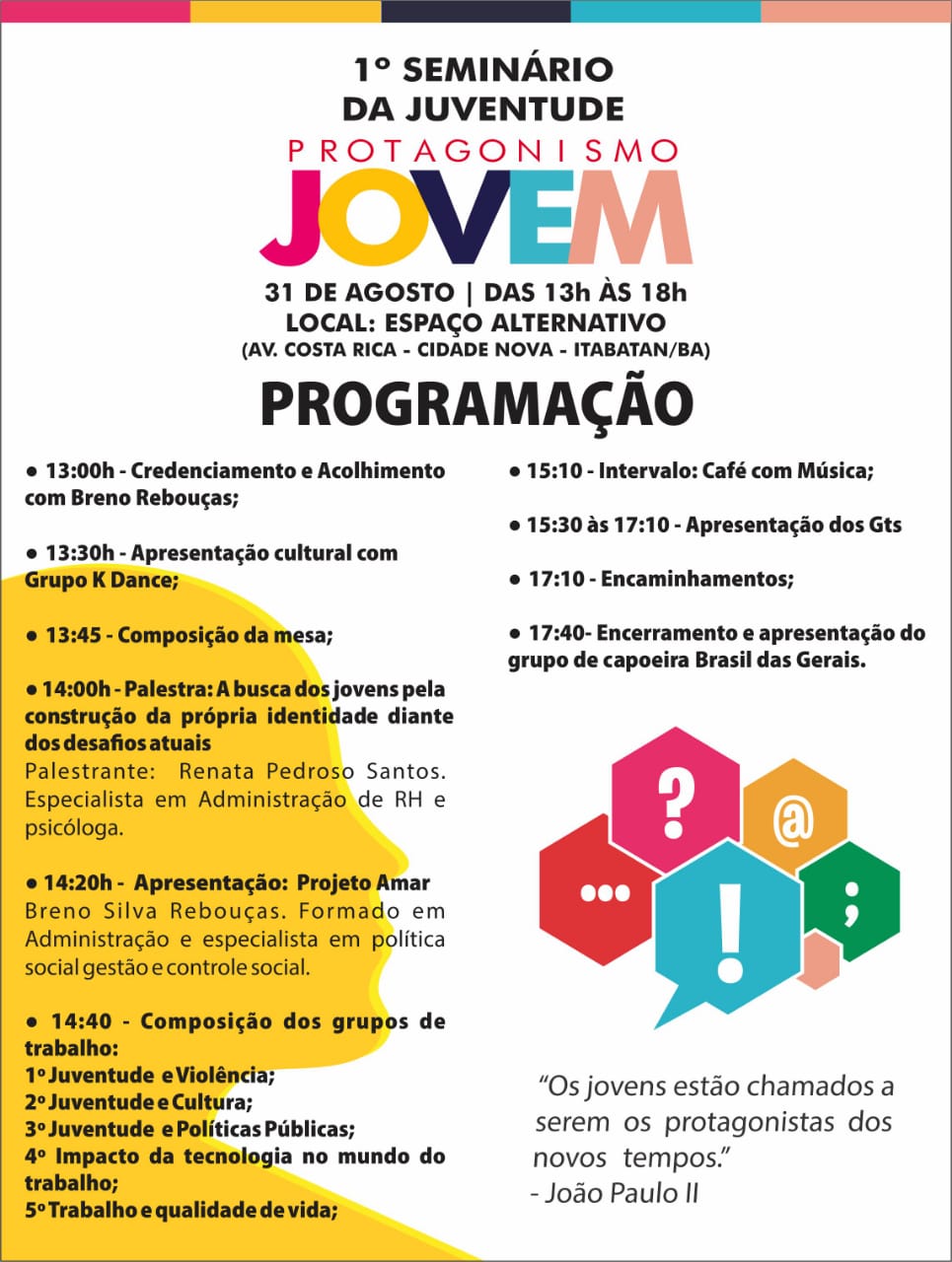 1° Seminário da Juventude acontece neste Sábado em Itabatã